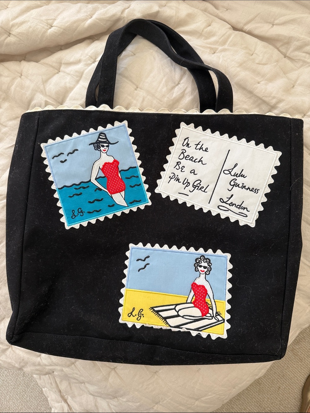 Lulu Guinness Black Canvas Tote with Playful Red Pin-Up Patches
